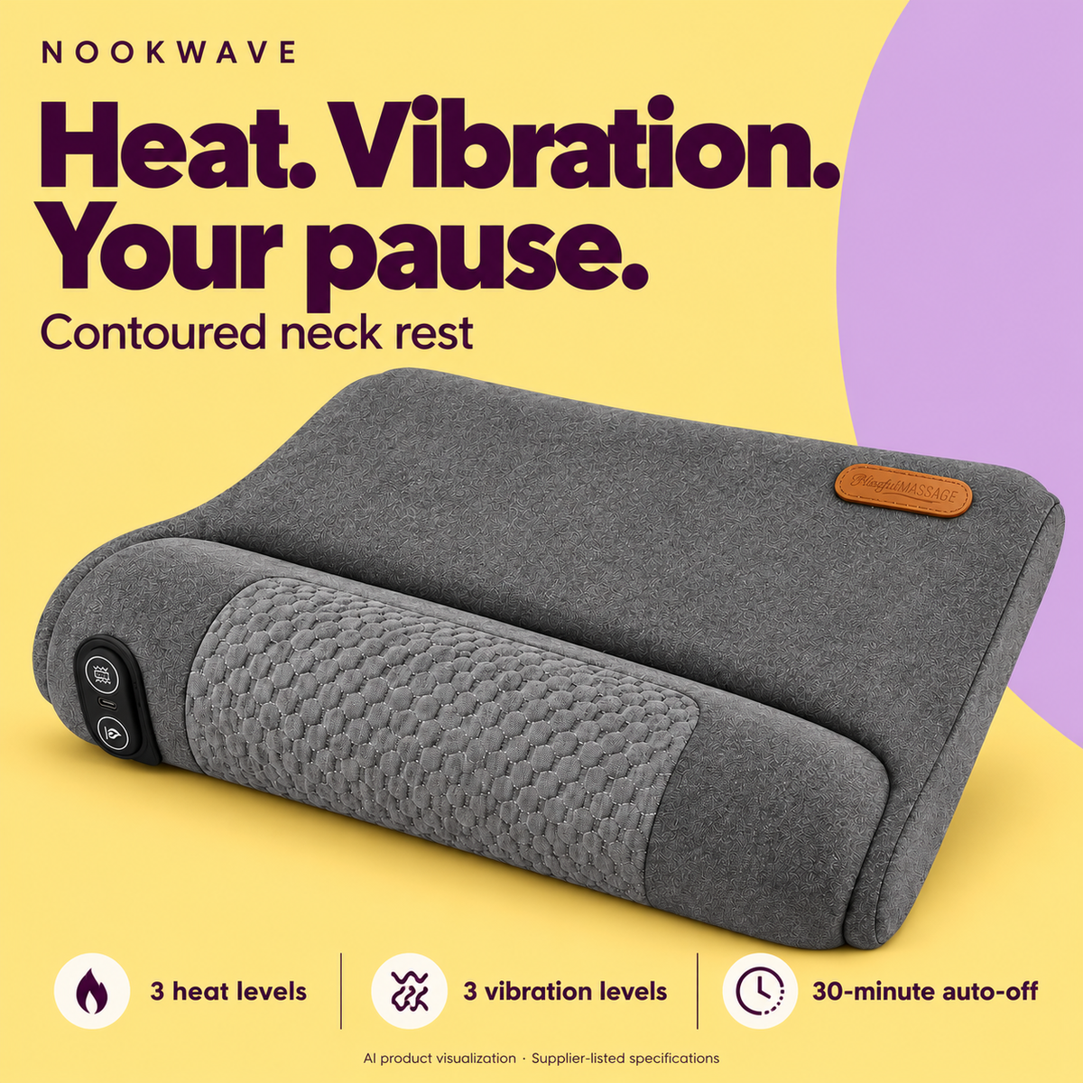 NOOKWAVE graphic of the neck rest with three heat levels, three vibration levels and a 30-minute auto-off.
