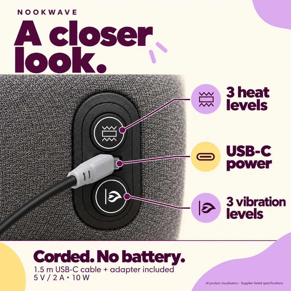 Control diagram showing the heat button, USB-C power connector and vibration button; corded, no battery.