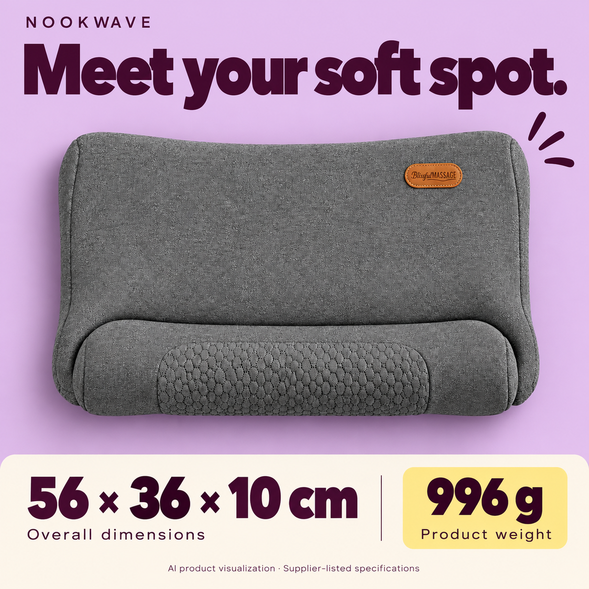 Overhead view of the neck rest listing dimensions of 56 × 36 × 10 cm and a weight of 996 g.