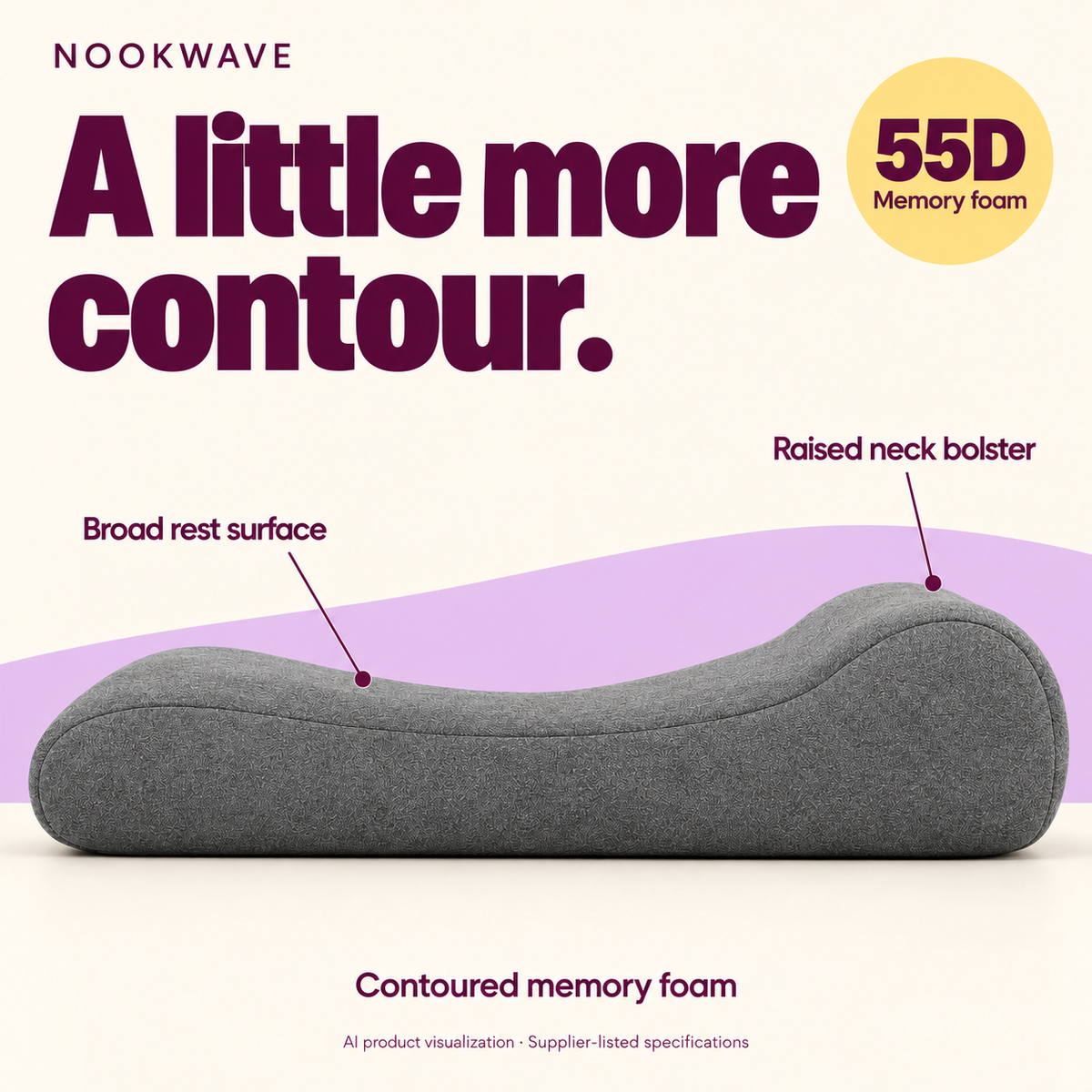 Side profile showing the broad rest surface, raised neck bolster and 55D memory foam.
