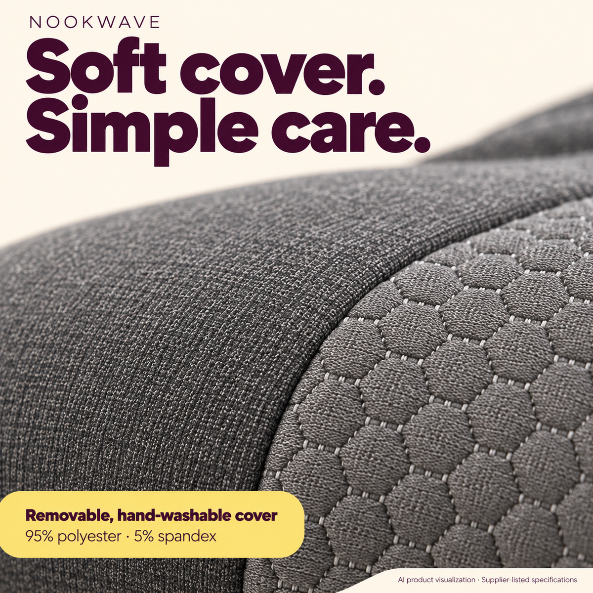 Close-up of the grey honeycomb-knit cover: removable, hand-washable, 95% polyester and 5% spandex.
