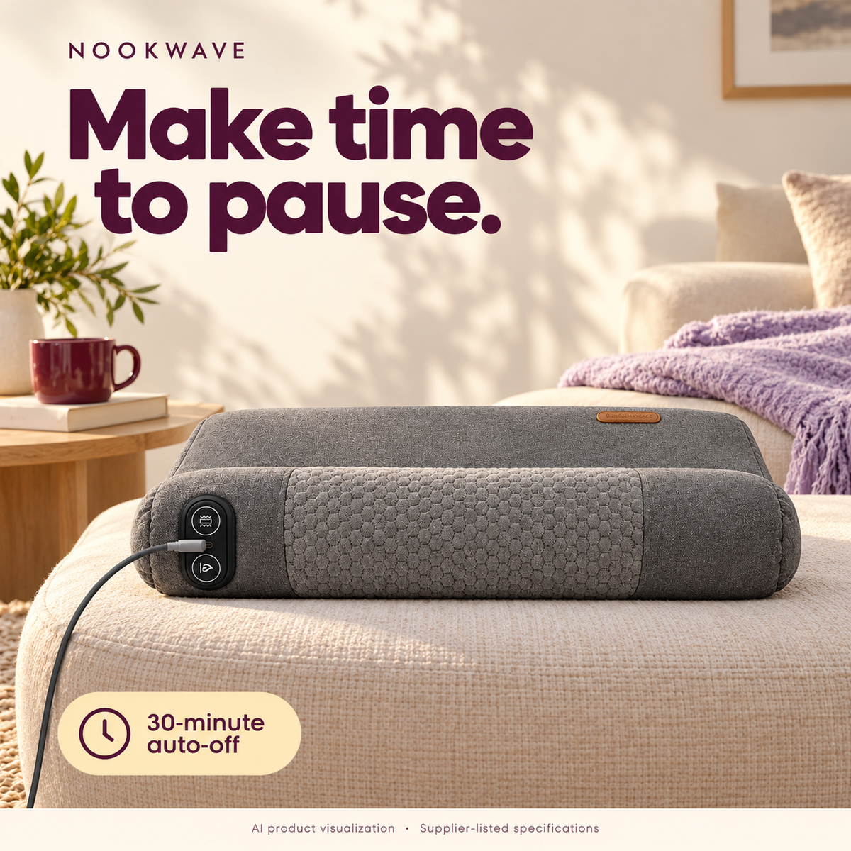 The neck rest on a cream ottoman in a sunlit living room, cable connected, with a 30-minute auto-off callout.