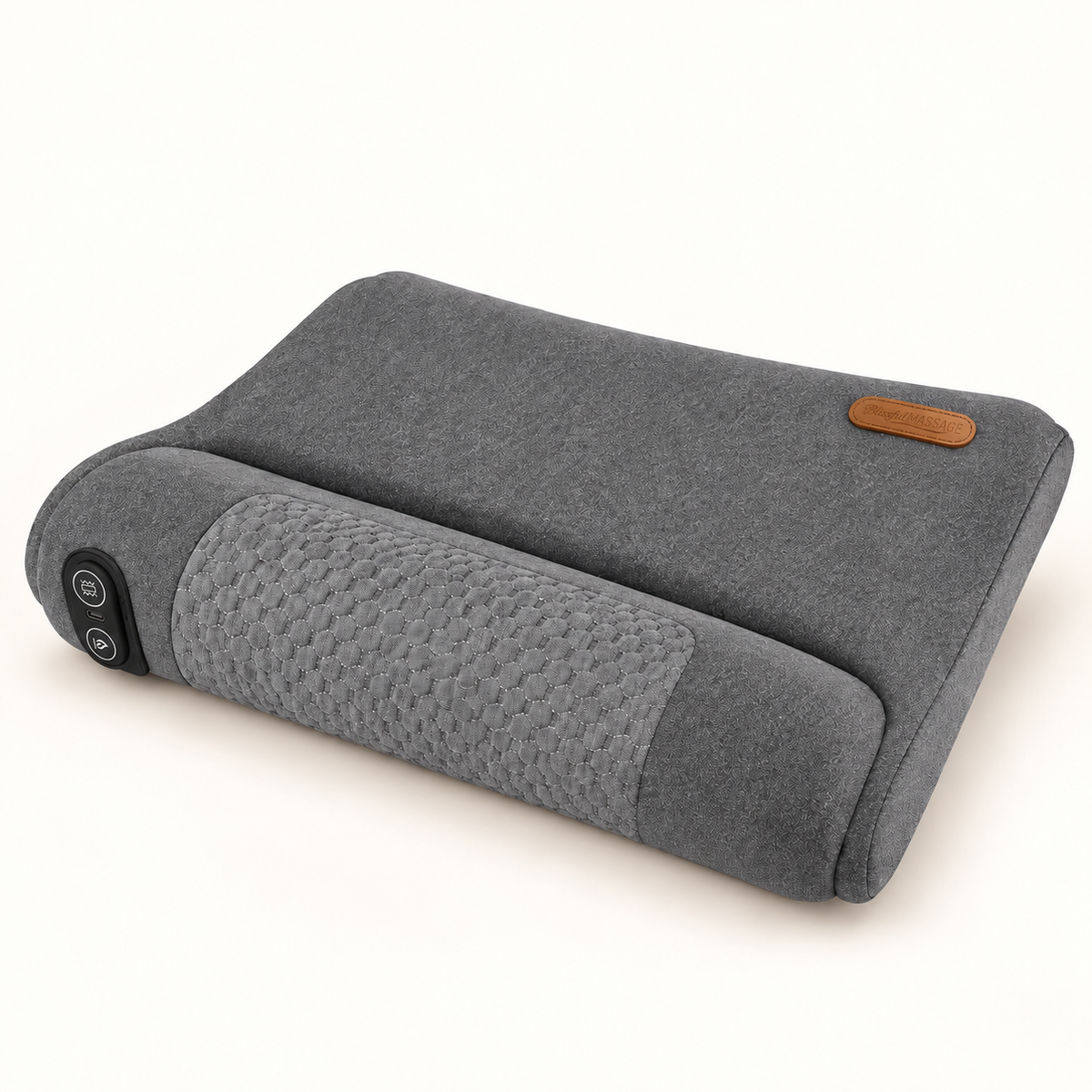 Front three-quarter view of the grey NOOKWAVE neck rest with honeycomb-knit bolster and side control pad.